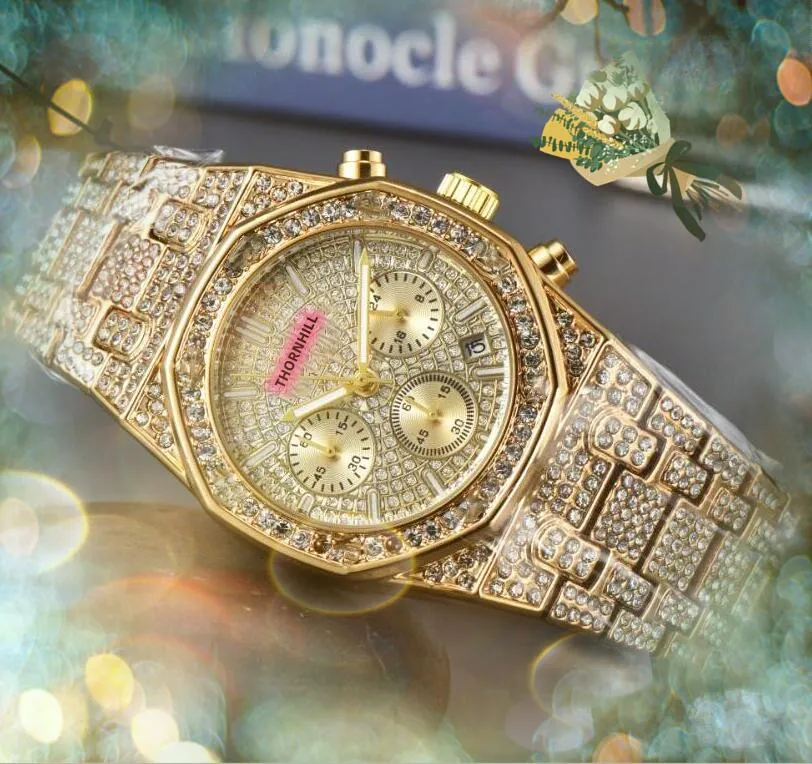 Montre de luxe quartz uurwerk horloges 42 mm roestvrij staal super zes pinnen werken horloges mannen diamanten ring waterdicht horloge klok geschenken