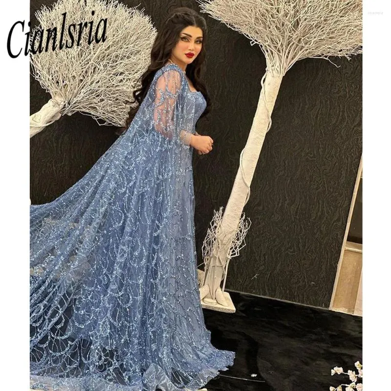 Robes de soirée de luxe en cristal Dubai robe de soirée avec Cape Bling une ligne bleu arabe robes de bal formelles