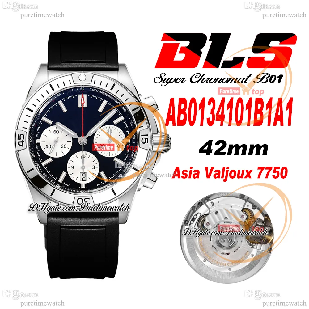 BLS Chronomat B01 ETA A7750 자동 크로노 그래프 남성 시계 42 스틸 케이스 블랙 흰색 다이얼 고무 스트랩 AB0134101B1A1 슈퍼 에디션 Reloj Hombre Puretime D4