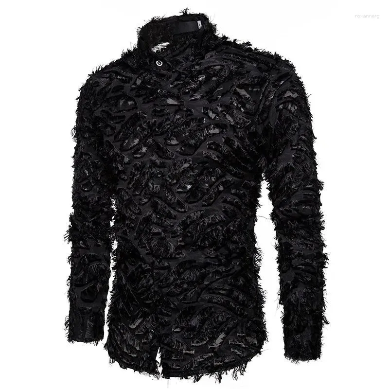 Men's Casual Shirts 2023 Sexy Black Feather Lace Shirt Men Fashion See Through Clubwear Dress Mens Event Party Prom Transparent Chemise