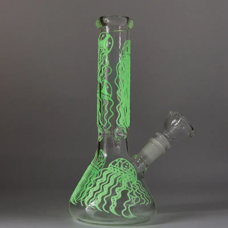 Grow In The Dark Hookahs Beaker Bong Straight Tube Jellyfish Dab Rigs Glass Water Pipes 18.8mm Joint Fluorescent GID04