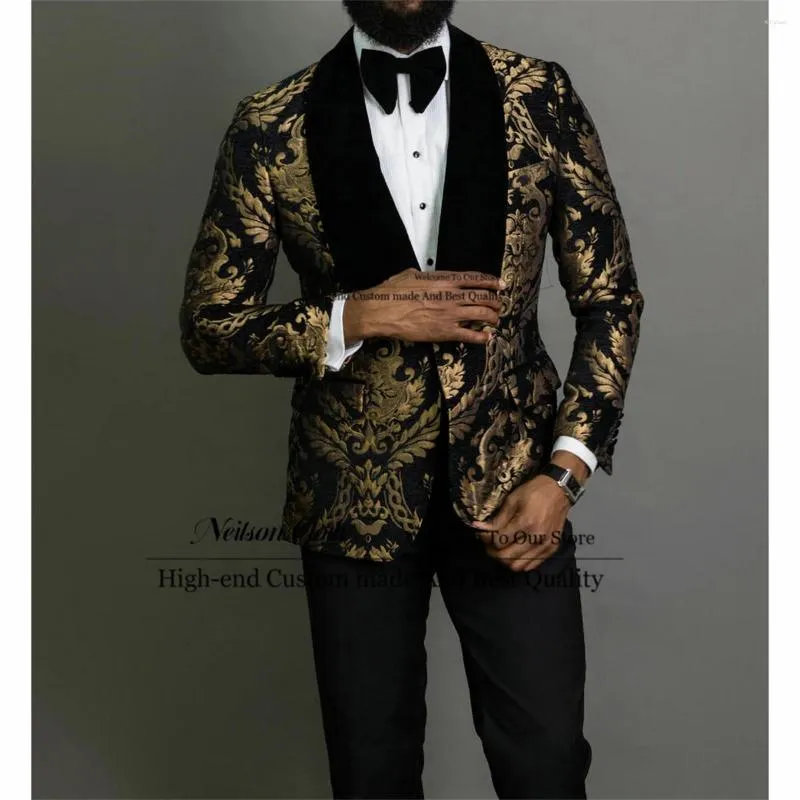 Men's Suits Fashion Golden Jacquard Male Prom Blazers Shawl Lapel Men 2 Pieces Sets Groom Wedding Tuxedos Slim Fit Terno Masculino