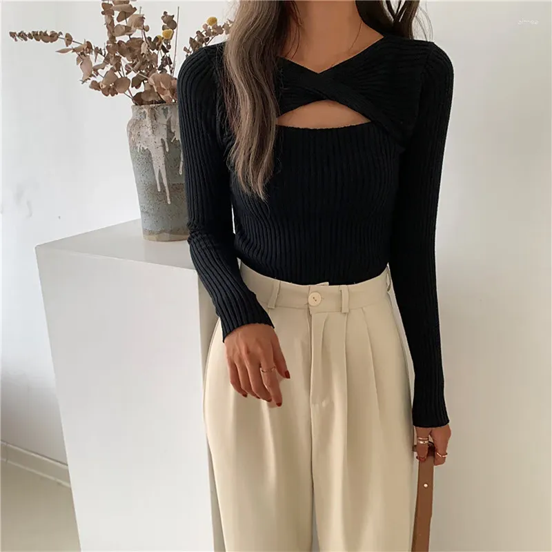 Women's Sweaters 2023 Crew Neck Fashion Hollow Out Cross Designed Sweater Women Pullovers Autumn Winter Long Sleeve Bottoming Knit Tops