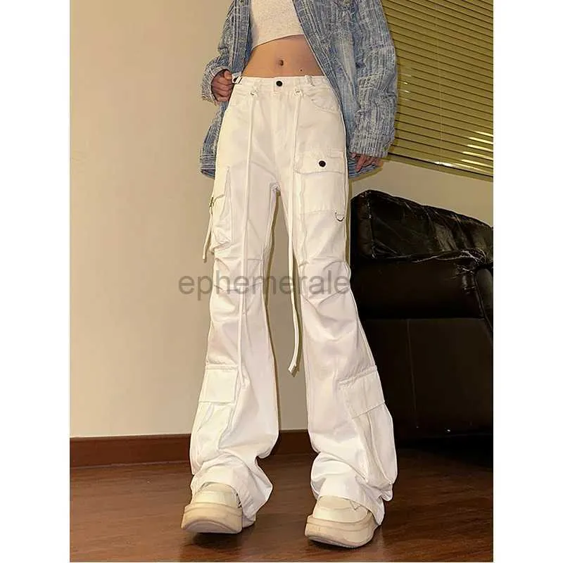 Damen Jeans Vintage Hellweiße Overalls Jeans Damenmode Hosen Hip Hop Hohe Taille Weites Bein Lässige Cargo Gerade Hosen Streetwearzln231201