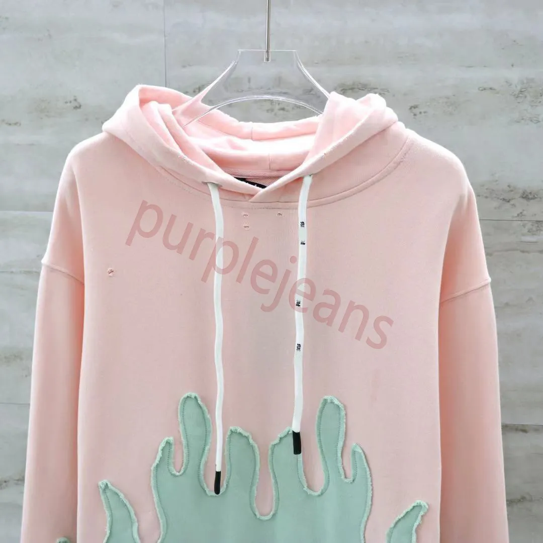 Designer's Basic Hoodie med vävd dragkammare Pocket Ice Cream Color Scheme Patch broderad Flame Hole Pullover