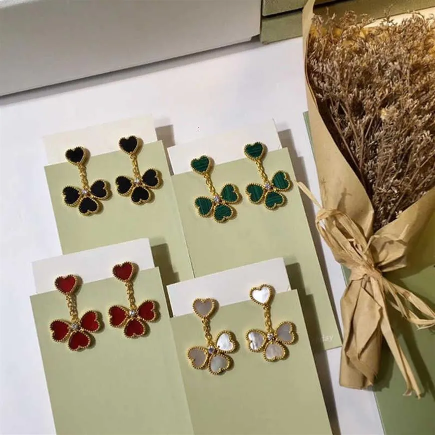 Brand Fashion Party Jewelry For Women Gold Color Red Heart Rings Earrings Jewelry Set 4 Leaf Heart Flower Jewelry Set249f