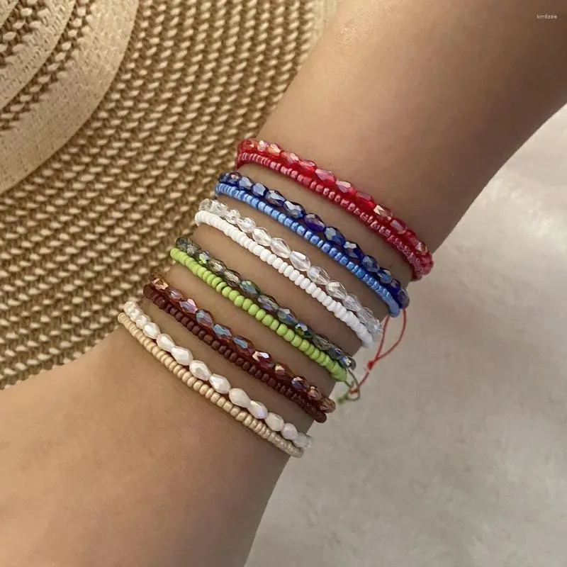 Bracelet tissé de perles de riz colorées pour femmes, 2 couches de perles de cristal, haute qualité, bijoux de vacances, vente en gros