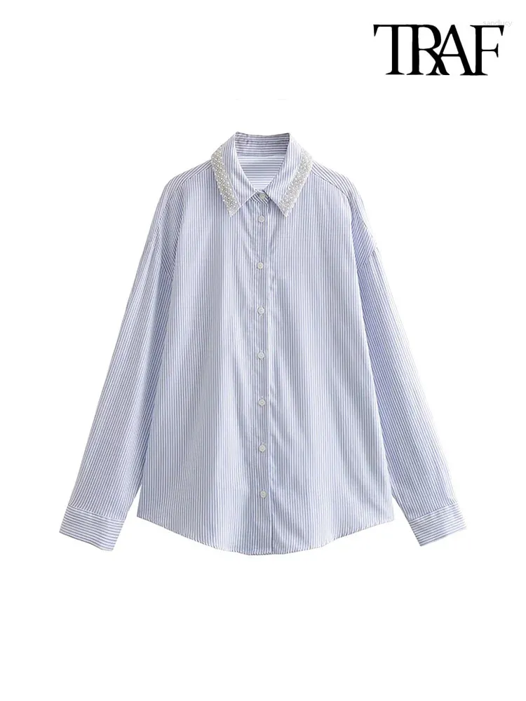 Women's Blouses Women Fashion Oversized Striped Beaded Shirts Vintage Long Sleeve Front Button Female Blusas Chic Tops
