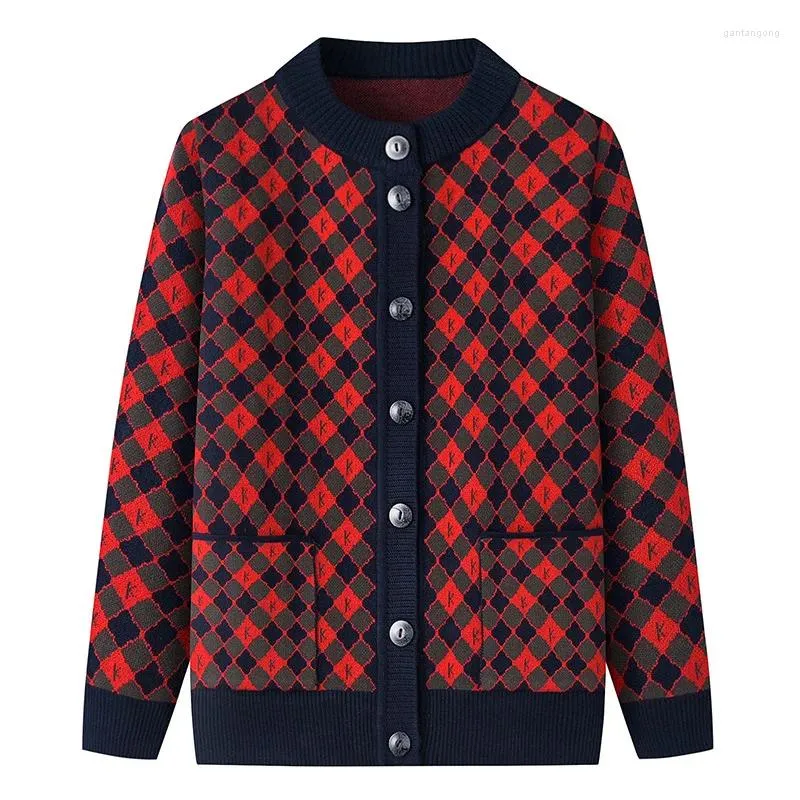 Women's Knits #2983 Winter Plaid Cardigan Coat Women Single Breasted Sweater Pockets Round Neck Warm Vintage Knitted Femme Middle Aged
