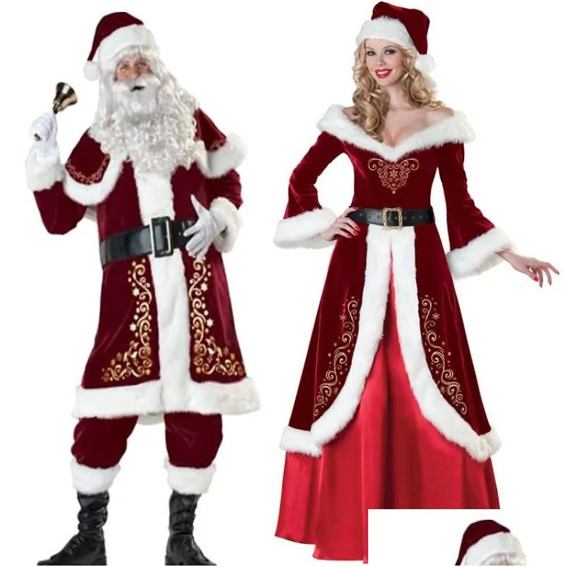 Noel Süslemeleri Veet Erkekler/Kadınlar Noel Baba Kostüm Takım Çift Partisi Noel Toptan Damla Teslimat Ev Bahçesi Festival Supp