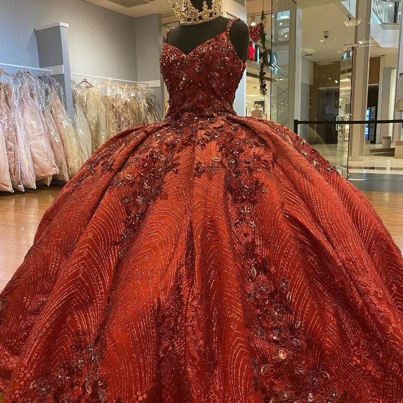 Vermelho brilhante quinceanera vestidos mexicano com decote em v rendas espartilho fora do ombro apliques rendas contas de luxo princesa vestidos 15 de xv anos