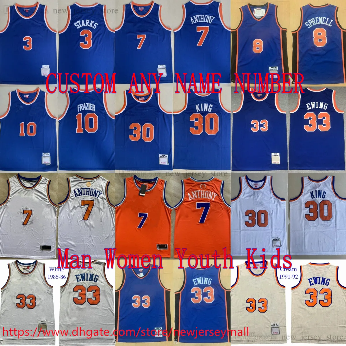 Personalizado XS-6XL Clássico Retro 2012-13 Basquete 7 Carmelo Anthony Jersey Costurado Retro Clássico Patrick Ewing John Starks Walt Frazier Latrell Sprewell Jerseys