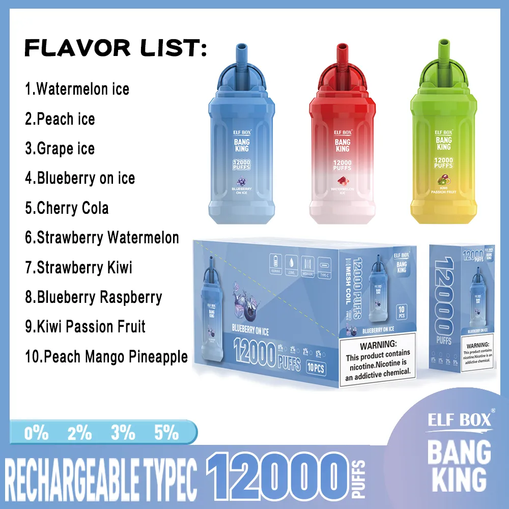 ELF BOX BANG KING 12000 Puff Disposable Vape puff 12k E Cigarette 0% 2% 3% 5% Cartridge Pod 0.8 Mesh Coil Vape pen 10 Flavor 23ml oil capacity plus puff elf bar vs BANG 12K puffs