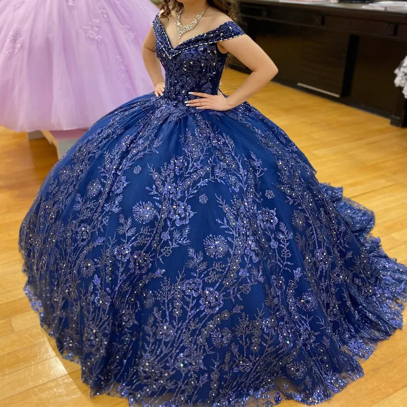 Navy Blue Shiny Quinceanera Dress Ball Gown Off The Shoulder Beaded Applique Tiered Corset Pageant Sweet 16 Party Vestidos De XV Anos 15