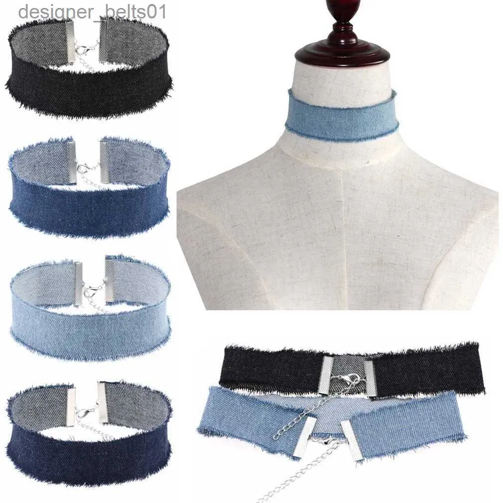 Chokers Unisex Punk Brede Denim Chokers Kettingen voor Vrouwen Mannen Eenvoudige Gotische Kraag Kettingen Zwart Blauw Mode-sieraden Groothandel GiftL231201