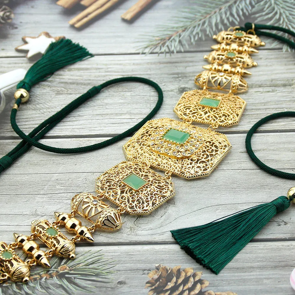 Inne modne akcesoria Neovisson Chic Maroko ręcznie robione liny pasek złota kolor Kobiety Tassels puste arabski metalowy łańcuch talii panna młoda biżuteria 231201