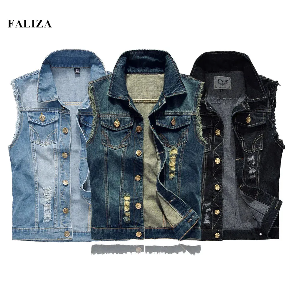 Gilets pour hommes FALIZA Hommes Denim Gilets Déchiré Sans Manches Jeans Veste Hommes Gilets Coton Gilet Réservoir West Cowboy Hip Hop Rivet Streetwear 231130