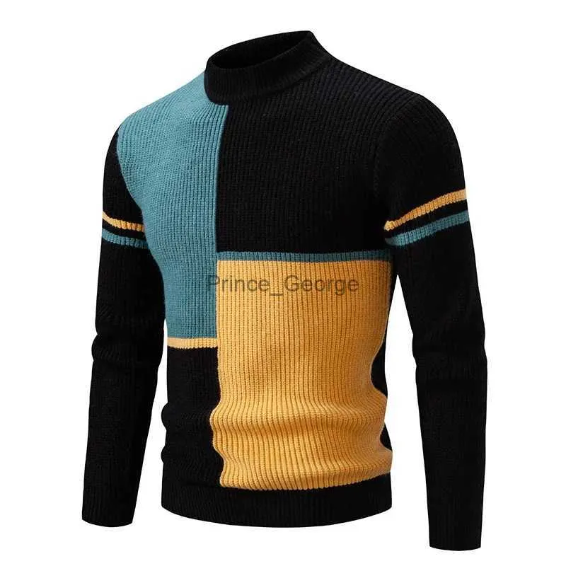 Suéteres masculinos novos outono e inverno casual quente pescoço suéter malha pulôver tops roupas masculinas contraste torcido em torno do pescoçoLF231114L231213