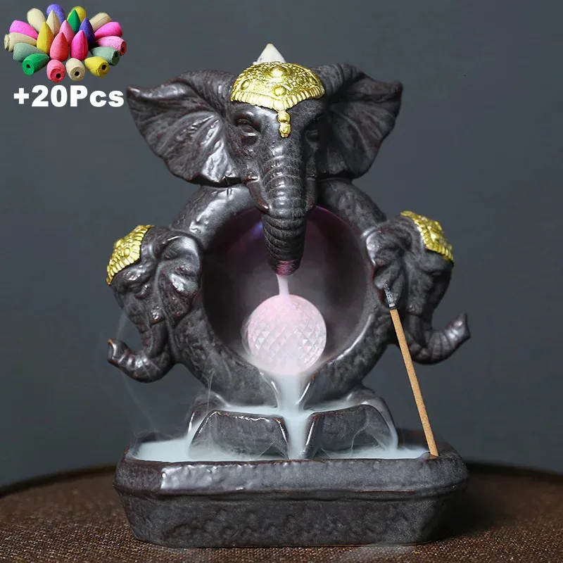 Objetos decorativos estatuetas sorte feng shui elefante deus estátua decoração de casa artesanato cerâmica cachoeira queimador de incenso com bola de mudança de cor led 231130