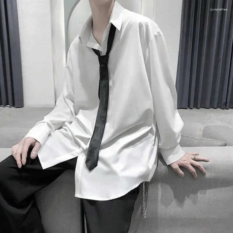 Chemises décontractées pour hommes Chemise à manches longues Lâche Couleur unie Hommes Manteau de mode coréenne Blouse à poitrine unique Mâle Streetwear Luxuxy Revers