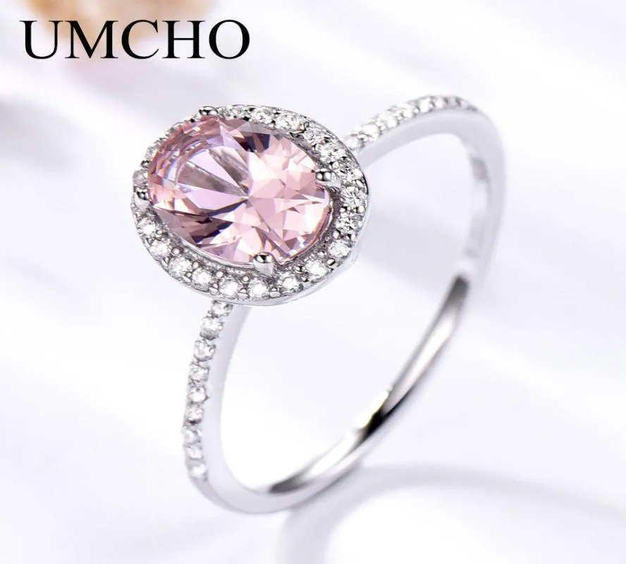 UMCHO 925スターリングシルバーリング楕円形のクラシックピンクモルガニット女性のための婚約宝石結婚指輪ファインジュエリーギフトT1902790462