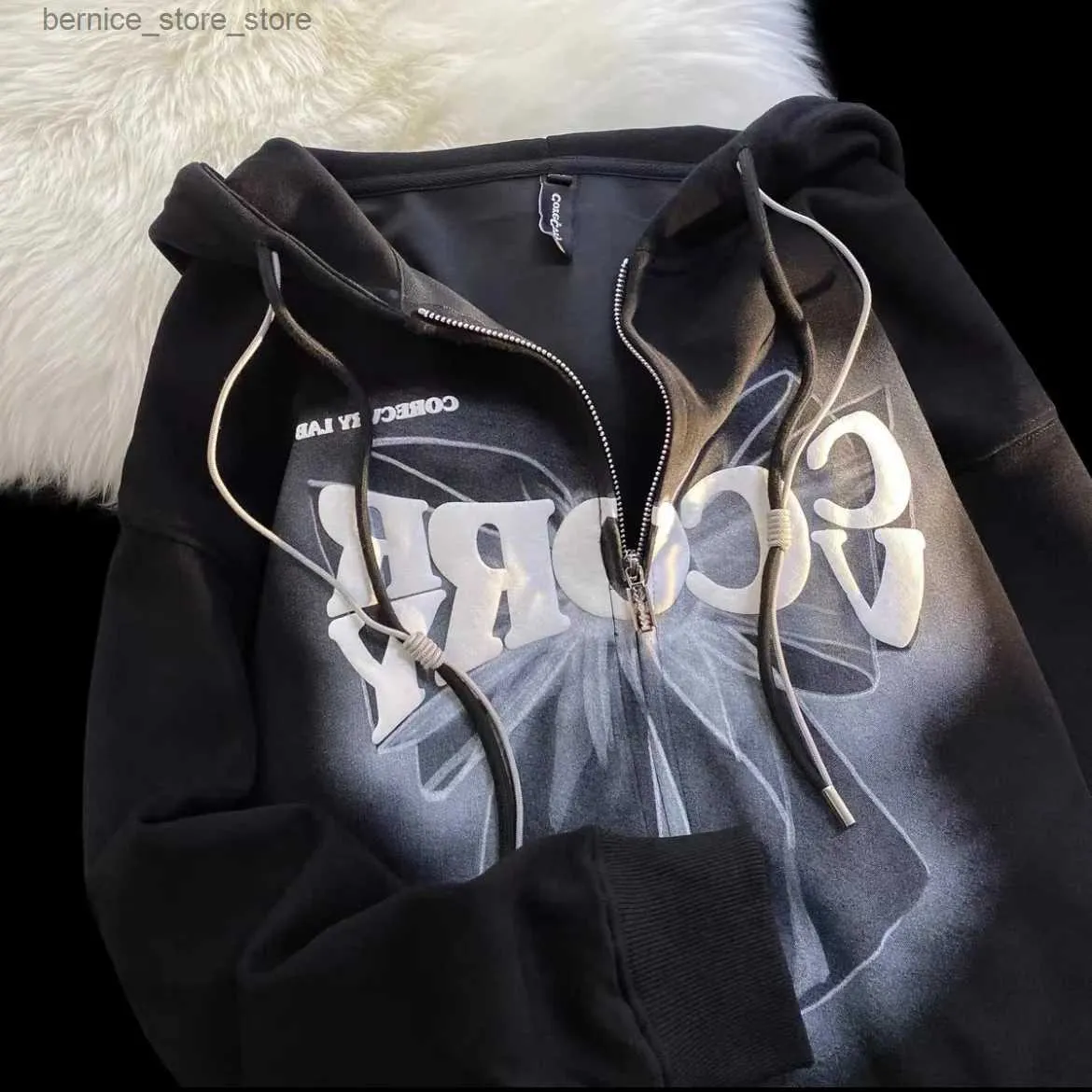 Herrtröjor tröjor 2023 Ny söt cool vind båge blixtlås hoodies cardigan kvinnor y2k harajuku college vind casual tröja par lös trend hoodie q231201