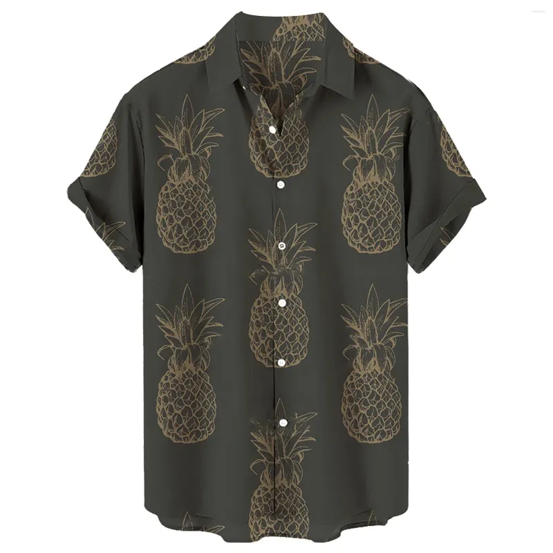 Herr t-skjortor herrar ananas tryck sommar turdown krage korta ärmar lös t-shirt casual lapel knapp upp cardigan manlig blus