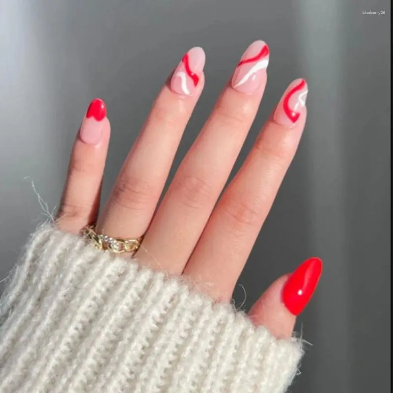 Unghie finte 24 pezzi Punte per unghie Finte Nials Press On Red White Wavy French LongBallerina