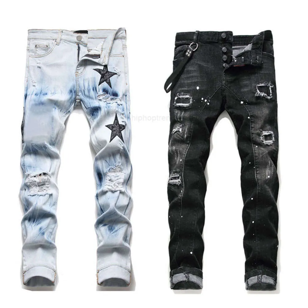 Mäns jeans svart staplade byxor män mager designer jeans vintage tvätt fast blå rak passform långa denim byxor vår sommar streetwear