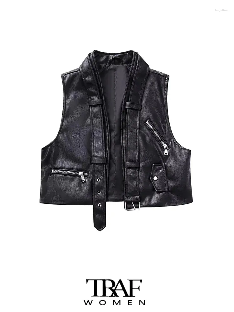 Gilet da donna - Gilet aperto da motociclista in ecopelle da donna con cintura e tasche con cerniera Capispalla femminile Gilet chic Top alla moda