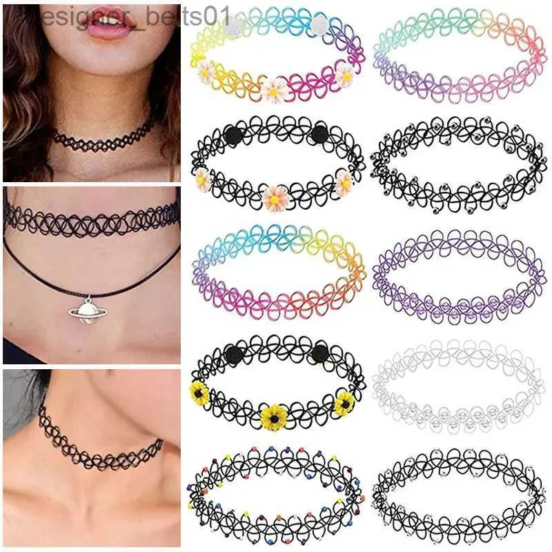 Chokers 12Pcs/Set Collares Stretch Tattoo Choker Necklaces For Women Vintage Elastic Flower Necklace Jewelry Girls Bead Vibrant ChokersL231201