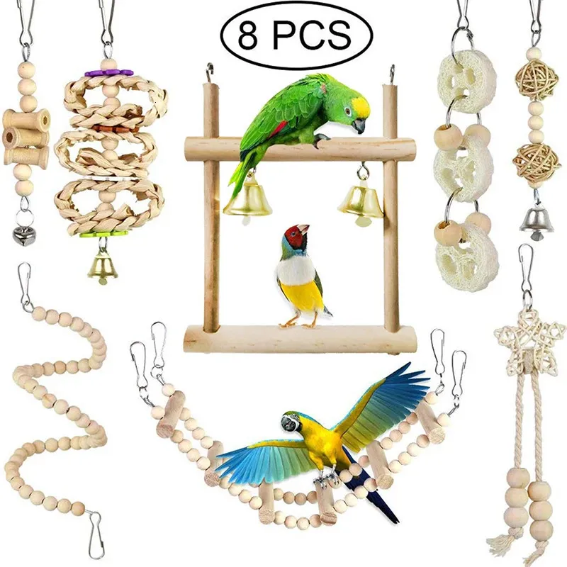 Other Bird Supplies 8 Packs Bird Parrot Swing Hanging Toy Natural Wood Bell Bird Cage Toys For Parrots Parakeets Cockatiels Finches Budgie Parrots 231201