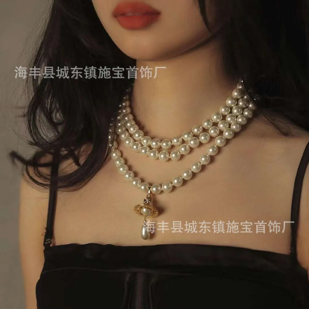 24SS Designer Channel Empress Dowager Vivienne Collier de perles à trois couches Saturne en trois dimensions de Vivienne Version haute Pendentif goutte d'eau Chaîne de clavicule