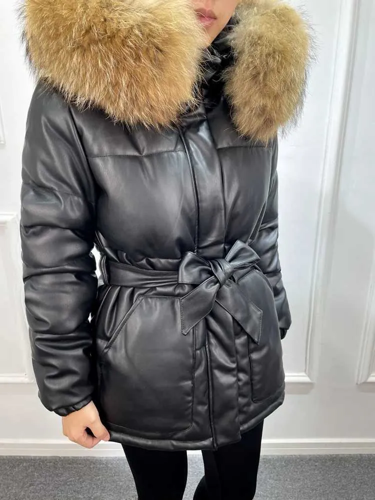 Waterproof Winter Leather Jacket Women Thick Motorcycle Coat with Belt Faux Pu Female Parkas Real Raccoon Fur