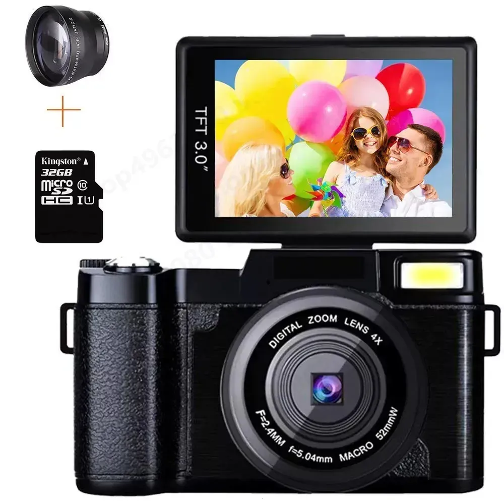 Camcorders 1080p Full Professional 24MP 비디오 카메라 4X 줌 회전식 3 인치 화면 휴대용 안티셔 캠코더 PO 와이드 렌즈 231030