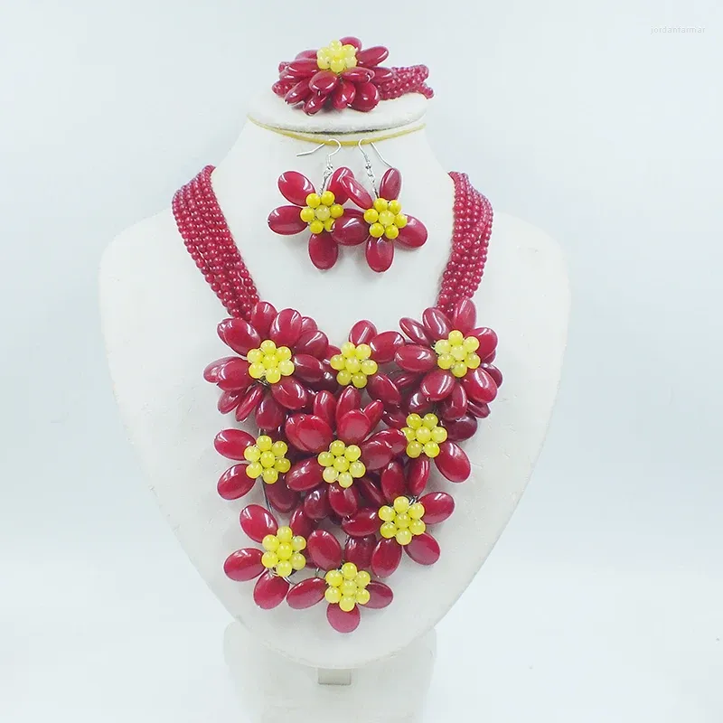 Necklace Earrings Set Fashion Wrap Flower Jewelry For Girl's Party/gift Or Wedding With Natural Stone Beads 22"