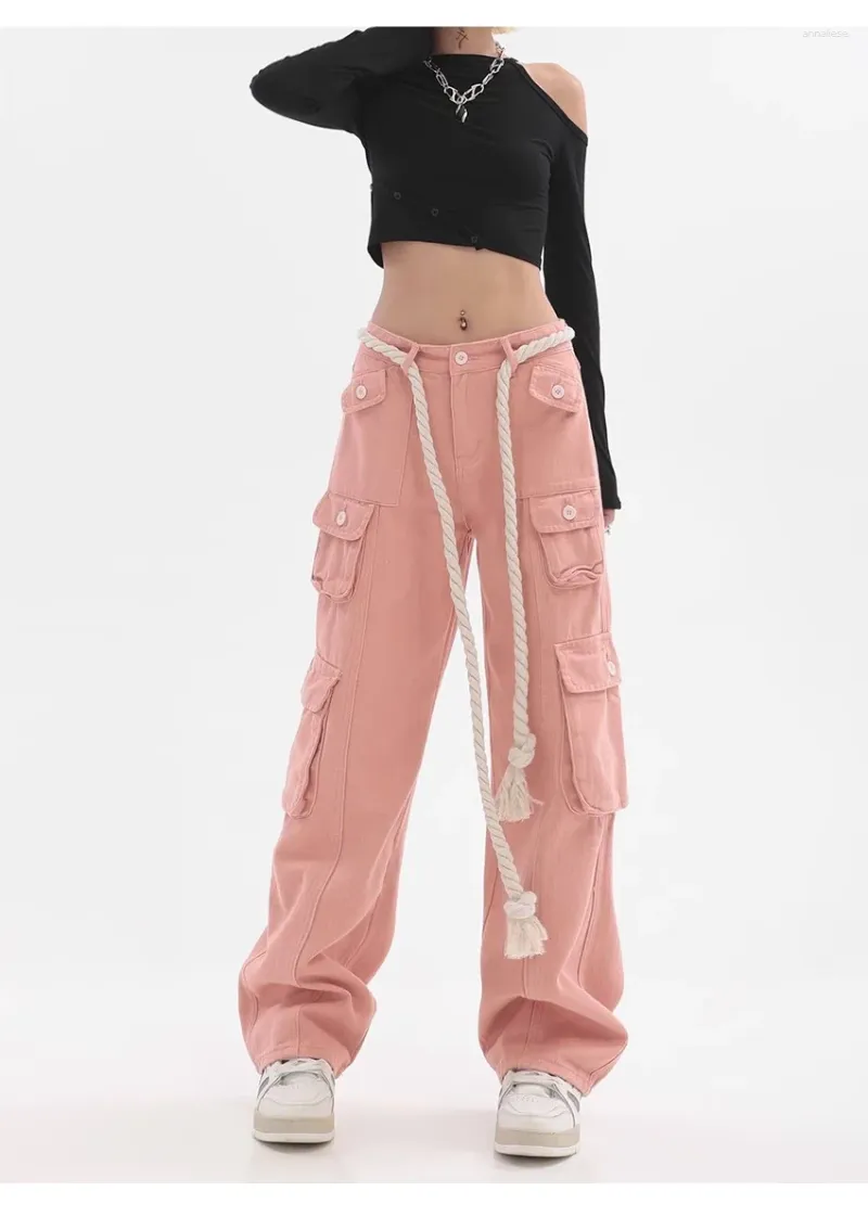 Damesjeans roze cargobroek hoge taille recht casual baggy Y2K wijde pijpen grunge streetwear stijl denim broek