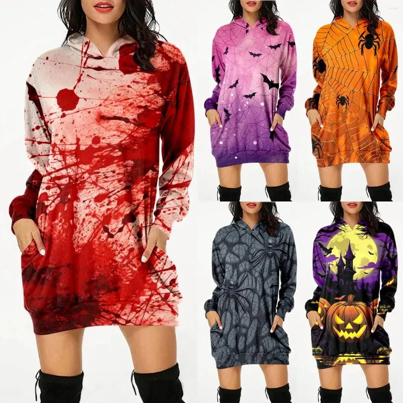 Casual Dresses Halloween Printed Hoodie Dress Pumpkin Women's Daily Workout Hoodies Långärmad Pullover Autumn Winter Loose Tee