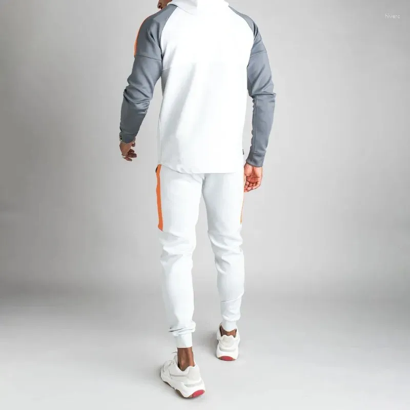 Men's White Tracksuit Set Fashion Patchwork Hooded Jacket Slim Fit Sweatpants Sportswear Gym Jogging Suit for Casual Wear