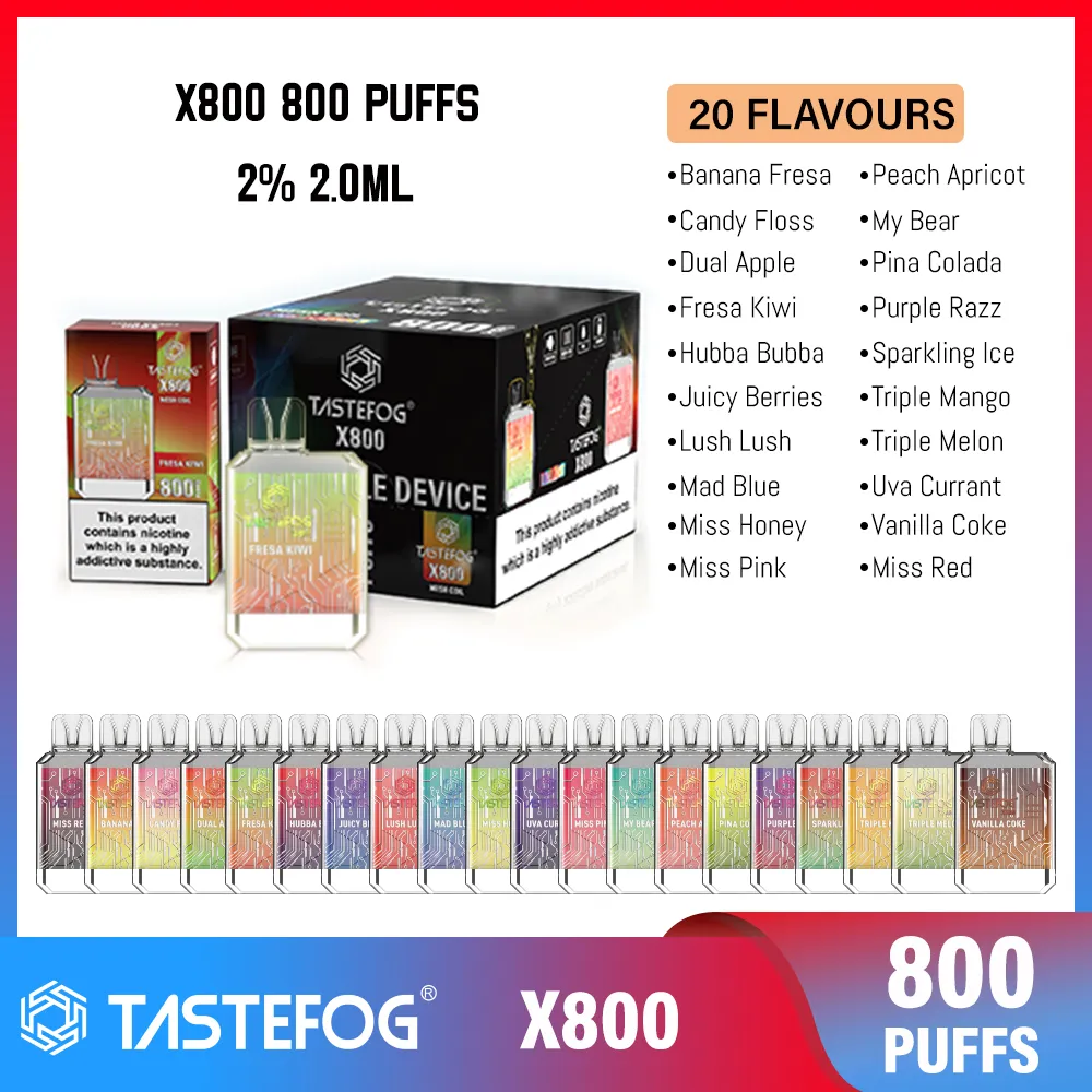 Nova chegada Tastefog 800 baforadas Vape descartável X800 Crystal Vape LED Flash E Cigarro