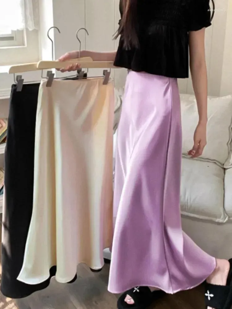 Skirts Elegant Women's High Waist Silk Satin A-line Skirt Lady Fashion Solid Color Purple Long For Women 2023