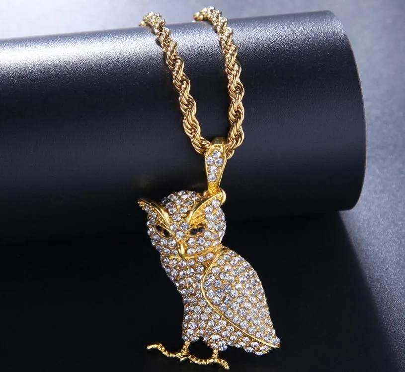 Iced Out Animal Owl Pendant Full Rhinestones Bling Necklace Gold Silver Color Hip Hop Rapper Jewelry for Women Mens Halsband1972062