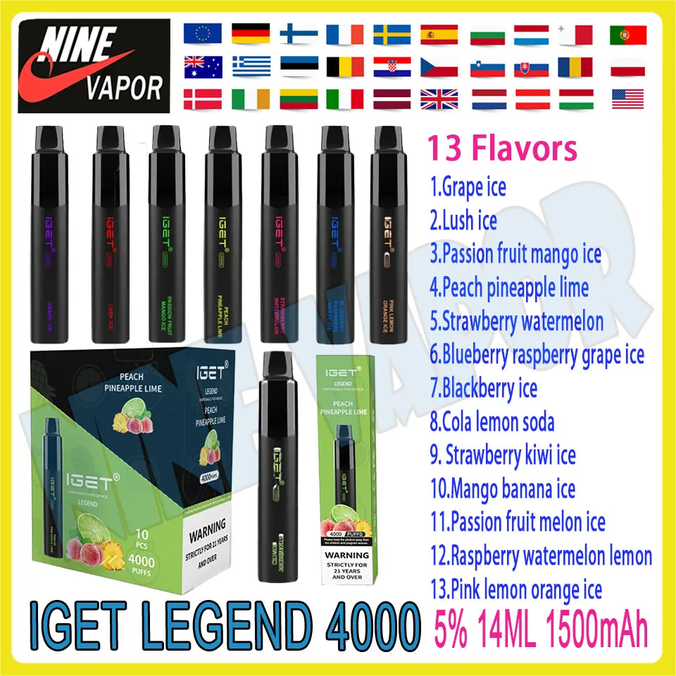 Authentieke IGET LEGEND 4000 Bladerdeeg Wegwerp elektronische sigaret 12 ml Voorgevulde cartridge 1500 mAh Batterij 14 ml 5% Vape Pen 13 Smaken Kit
