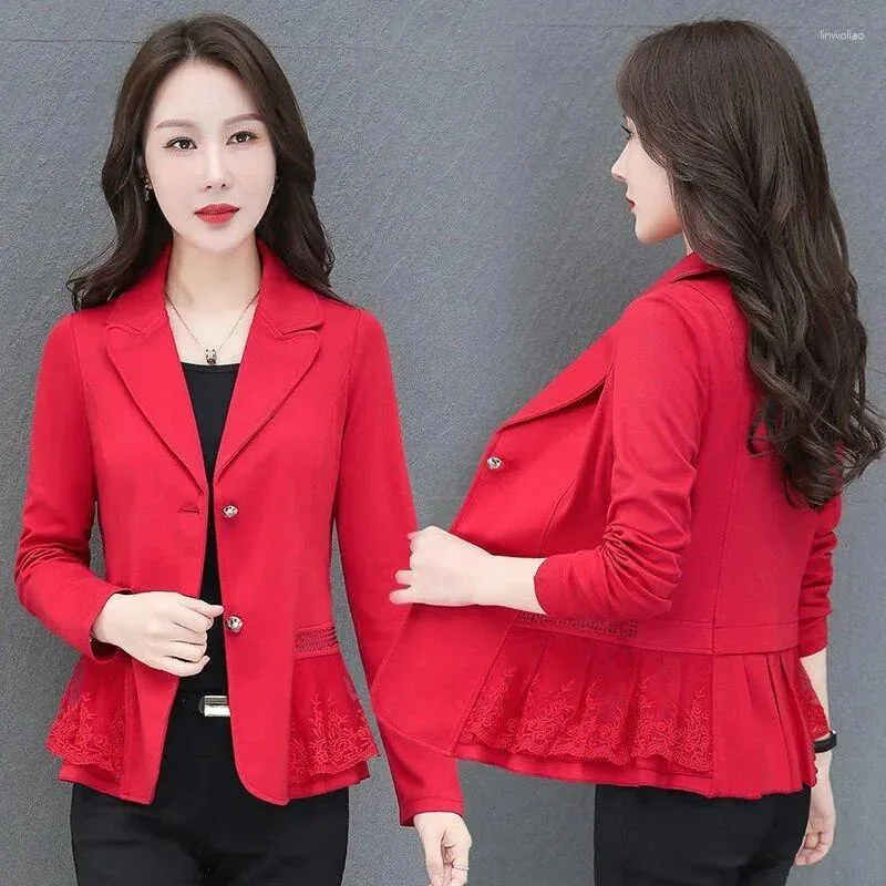 Women's Suits S-5XL Women Blazer Jacket Lace Flounce Short Three Quarter Sleeve Slim Spring Summer Autumn Casual Office Work Plus Size Black