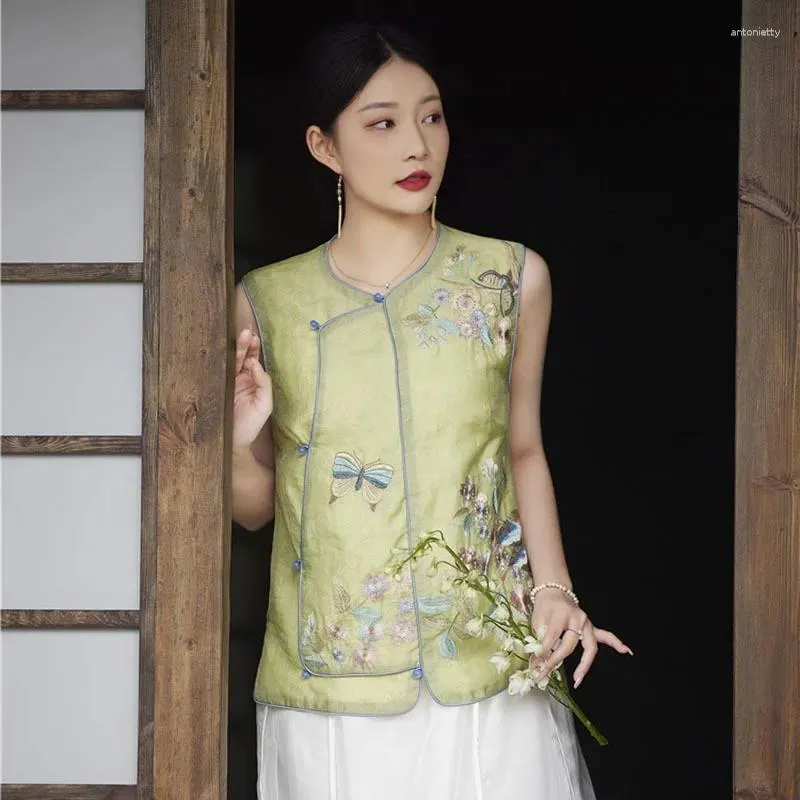 Abbigliamento etnico Gilet primaverile estivo di fascia alta Top in stile cinese Abiti Zen retrò Ricamo floreale Elegante donna S-XXL