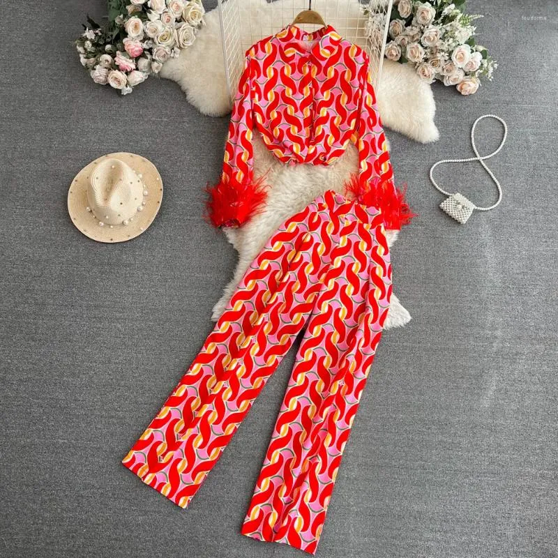 Dwuczęściowe spodnie damskie kobiety drukują elementy zestawu patchwork z długim rękawem pojedynczy piersi z dużą talią szeroką nogę wiosenną jesień