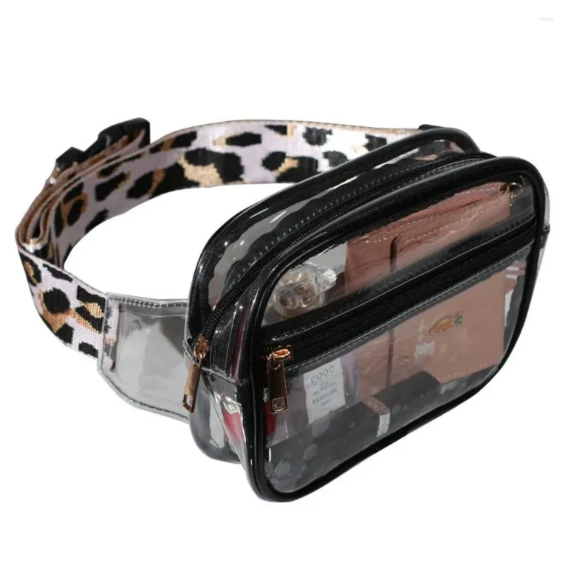 Cosmetic Bags Clear PVC Sling Women Fashion Vintage Leopard Guitar Strap Crossbody Chest Bag Girls Waterproof Fanny Pack Stadium Approved