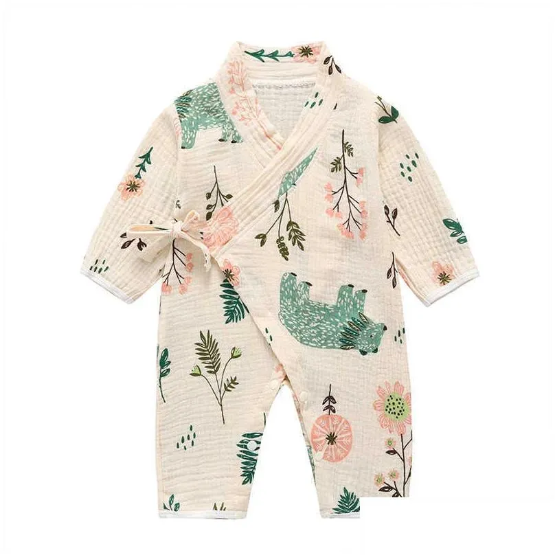 Strampler Born Kimono Langarm-Overall Baby Niedlich Cartoon Gaze Bio-Baumwolle Weiche Kleidung Mode 20 210816 Drop Lieferung Kinder Mat DHDOA