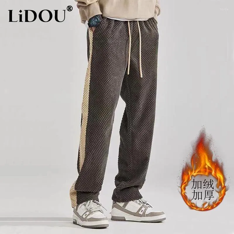 Erkek pantolon Sonbahar kış düz renkli moda elastik bel düz adam yüksek sokak kadife pamuk kalınlaştırıcı sıcak cep pantolon