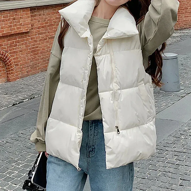 Women's Vest Casual Puffer Jackets Zipper Thicken Warm Jacket Mock Neck Pocket Solid Thermal Coat Vest For 2023 Fall Winter 231201